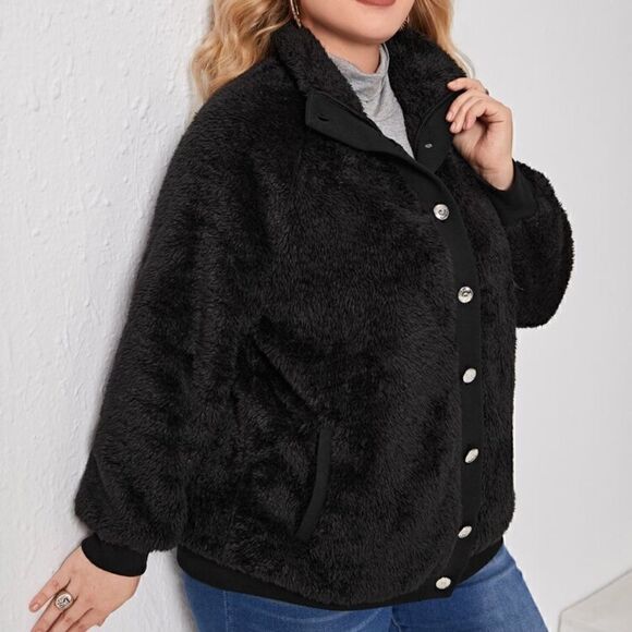 NEW! Super soft and warm PLUS Size Black Fuzzy Teddy Coat Jacket Button Front - Picture 1 of 5